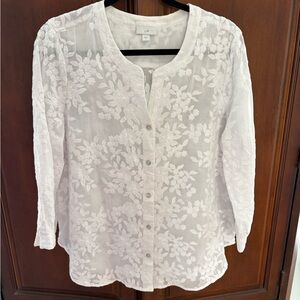 J. Jill White Floral Embroidered Button-Front Blouse size M